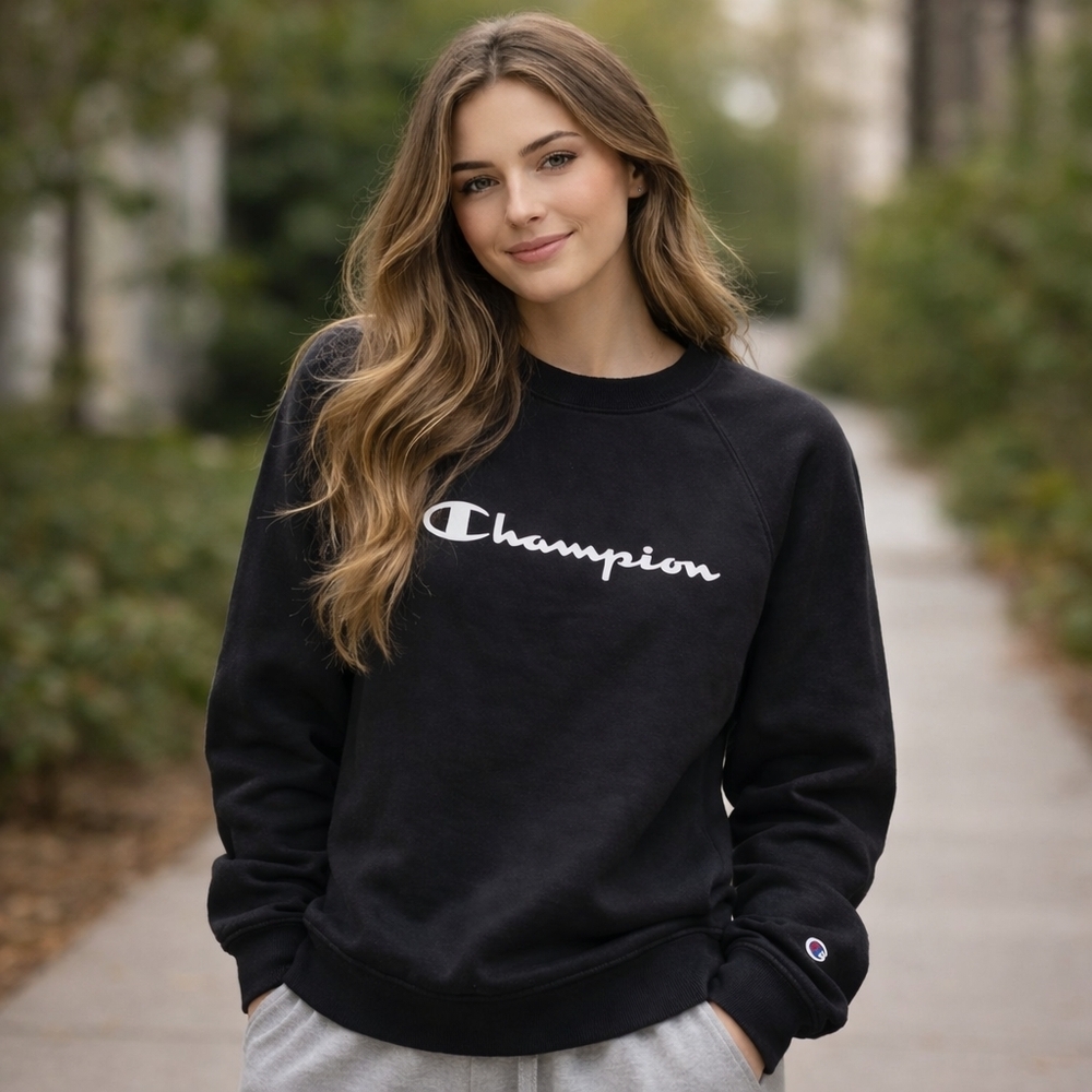 Champion Black Logo Crewneck Sweatshirt Cozy Athletic Streetwear Size M